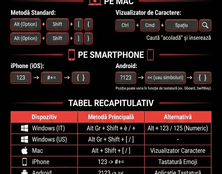 Infografica: Cum se face acolada ({ }): Ghid pentru PC, Mac și smartphone