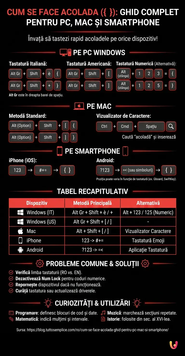 Cum se face acolada ({ }): Ghid pentru PC, Mac și smartphone - Infografic rezumativ