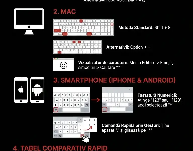 Infografica: Cum se face asteriscul pe tastatură: PC, Mac și smartphone