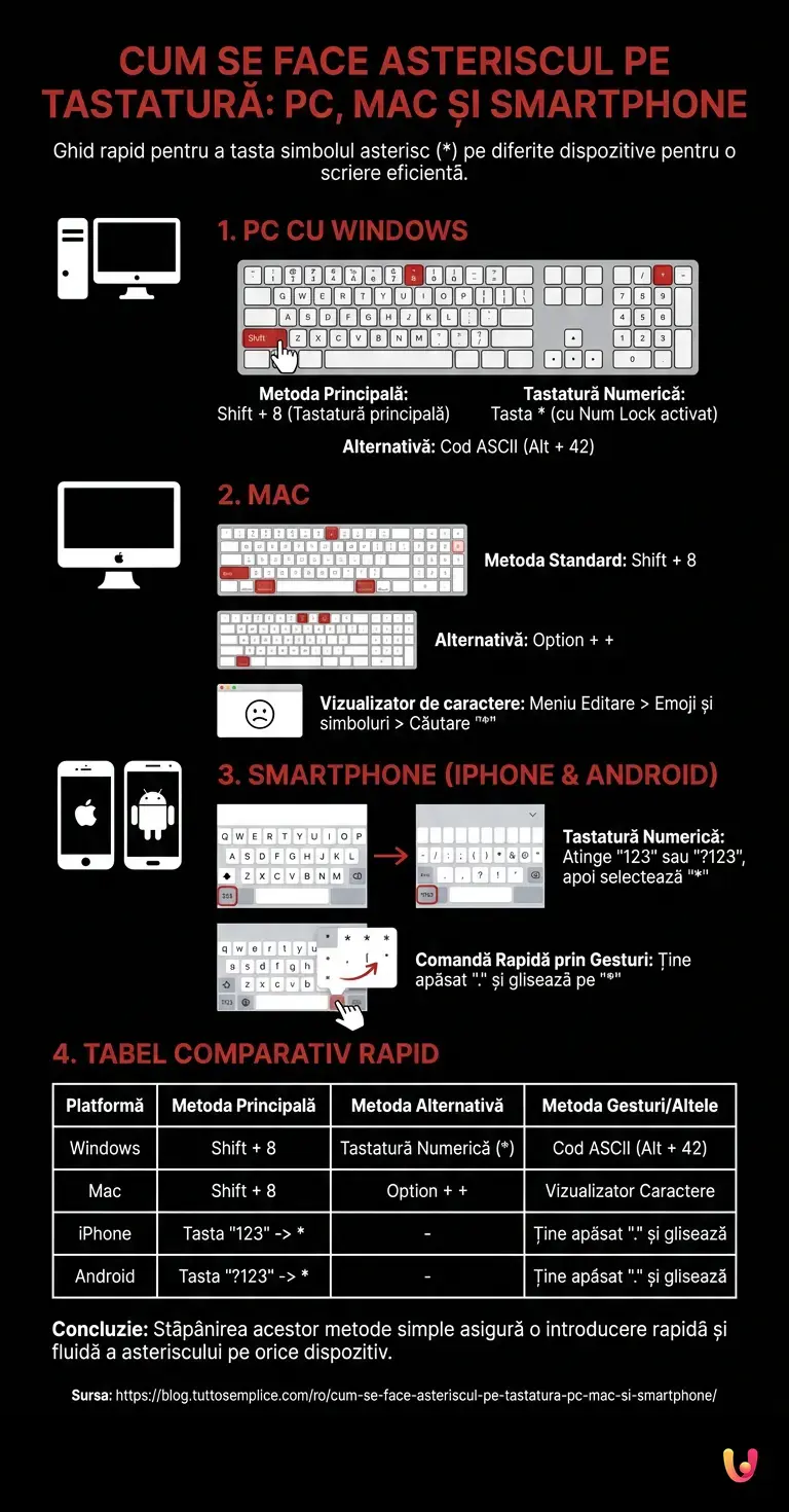 Cum se face asteriscul pe tastatură: PC, Mac și smartphone - Infografic rezumativ