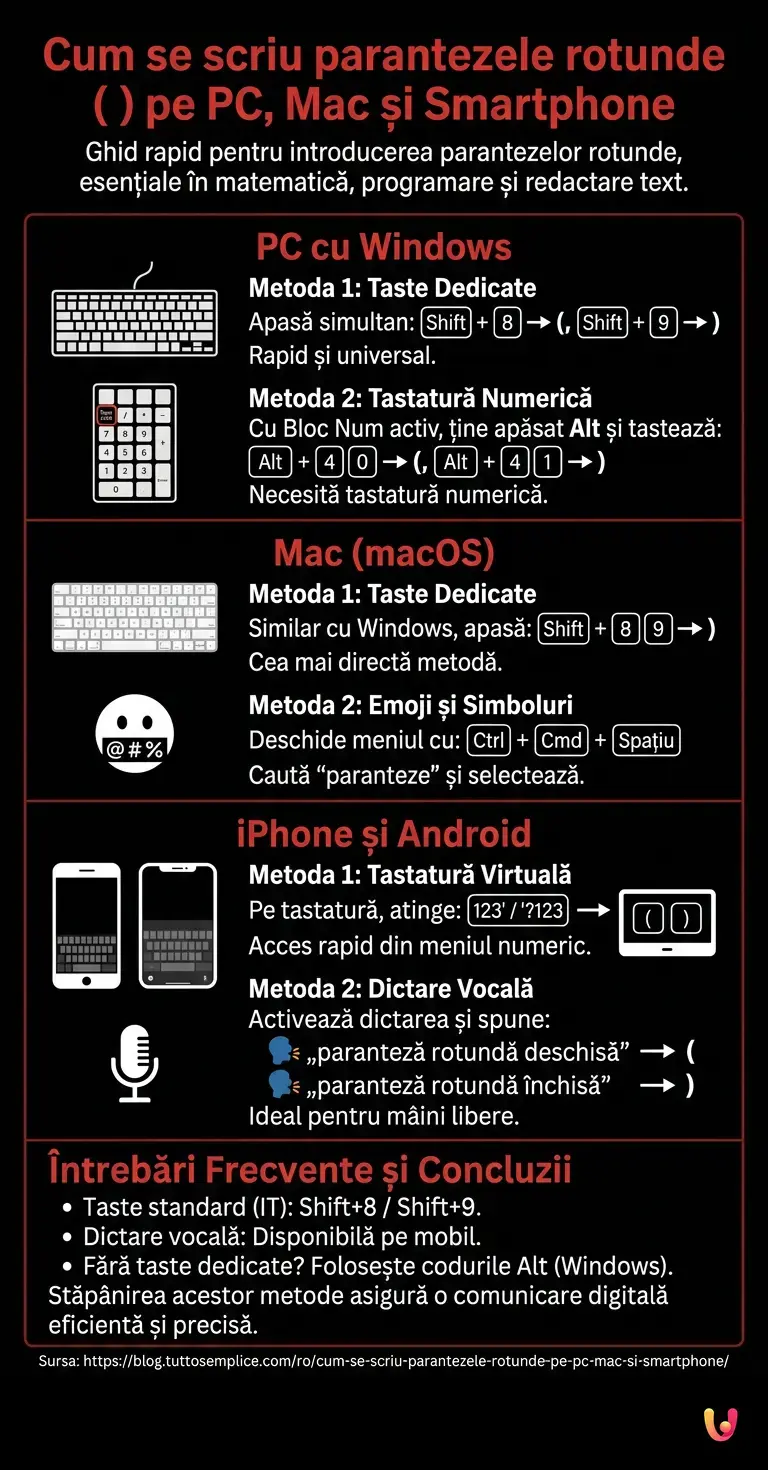 Cum se scriu parantezele rotunde pe PC, Mac și smartphone - Infografic rezumativ