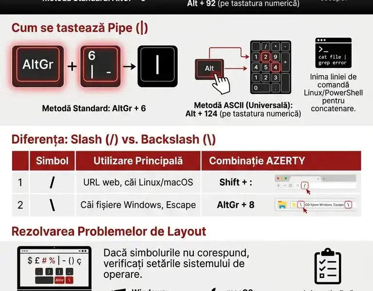 Infografica: Cum se tastează bara inversă () și linia verticală (|) pe tastatura franceză