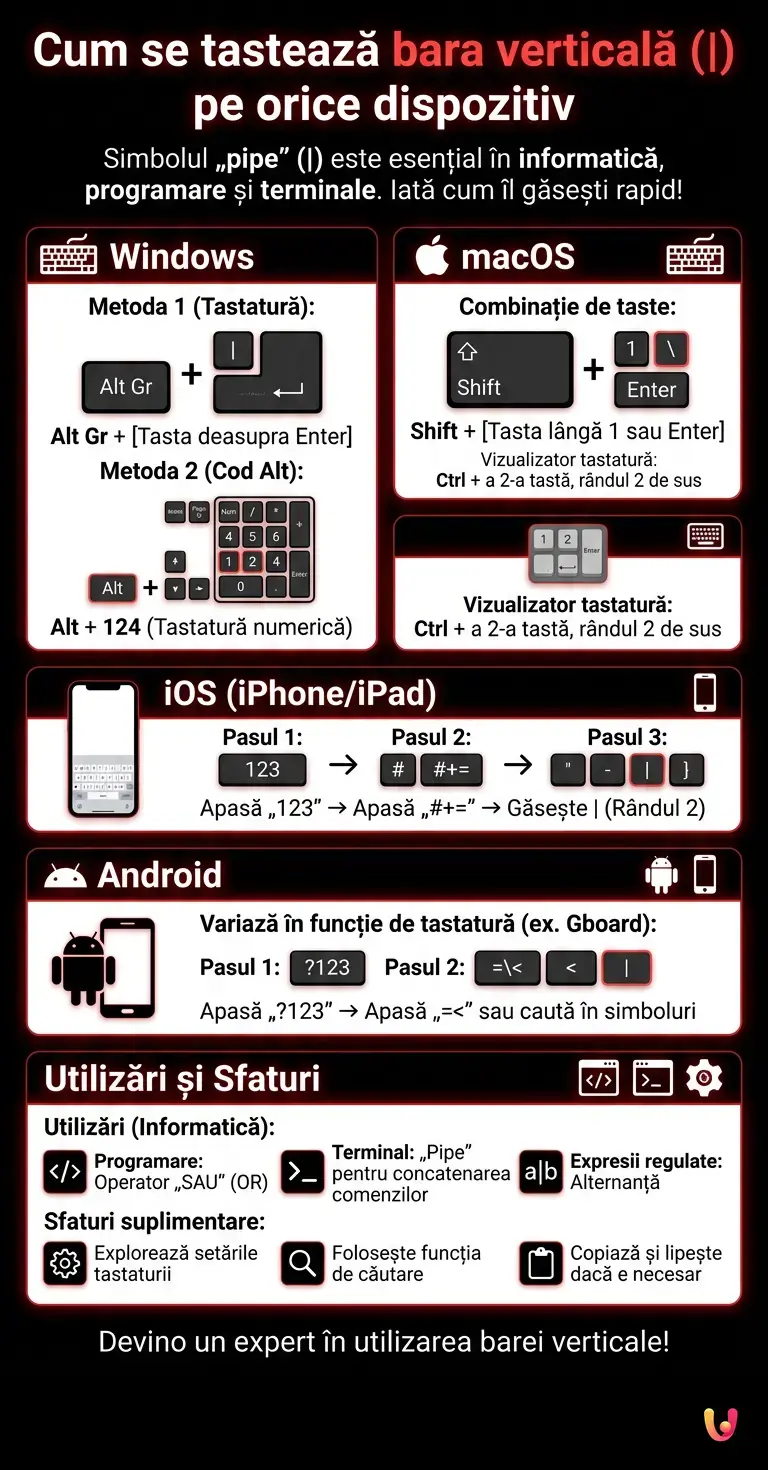Cum se tastează bara verticală (|) pe orice dispozitiv - Infografic rezumativ