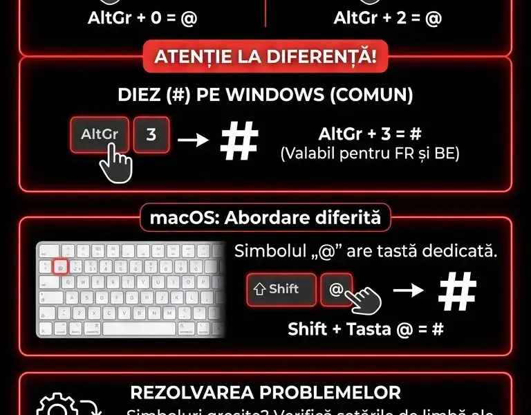 Infografica: Cum se tastează diez (#) și at (@): ghid pentru tastatura AZERTY