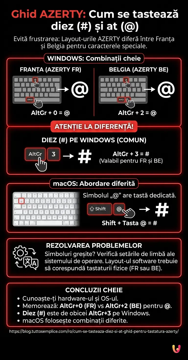 Cum se tastează diez (#) și at (@): ghid pentru tastatura AZERTY - Infografic rezumativ