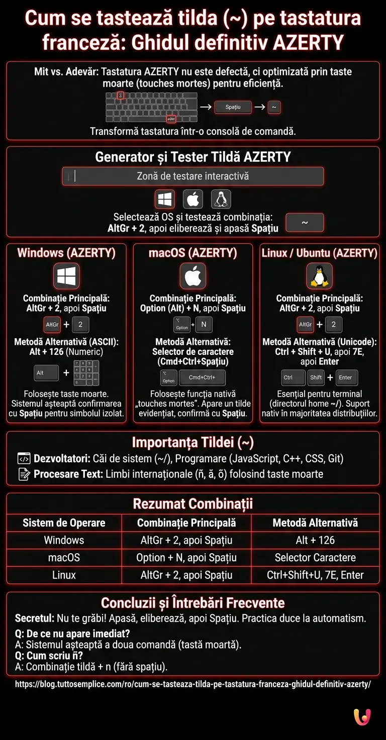 Cum se tastează tilda (~) pe tastatura franceză: Ghidul definitiv AZERTY - Infografic rezumativ