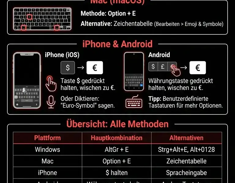 Infografica: Das Euro-Symbol (&euro;) eingeben: Tastenkombinationen und Tricks