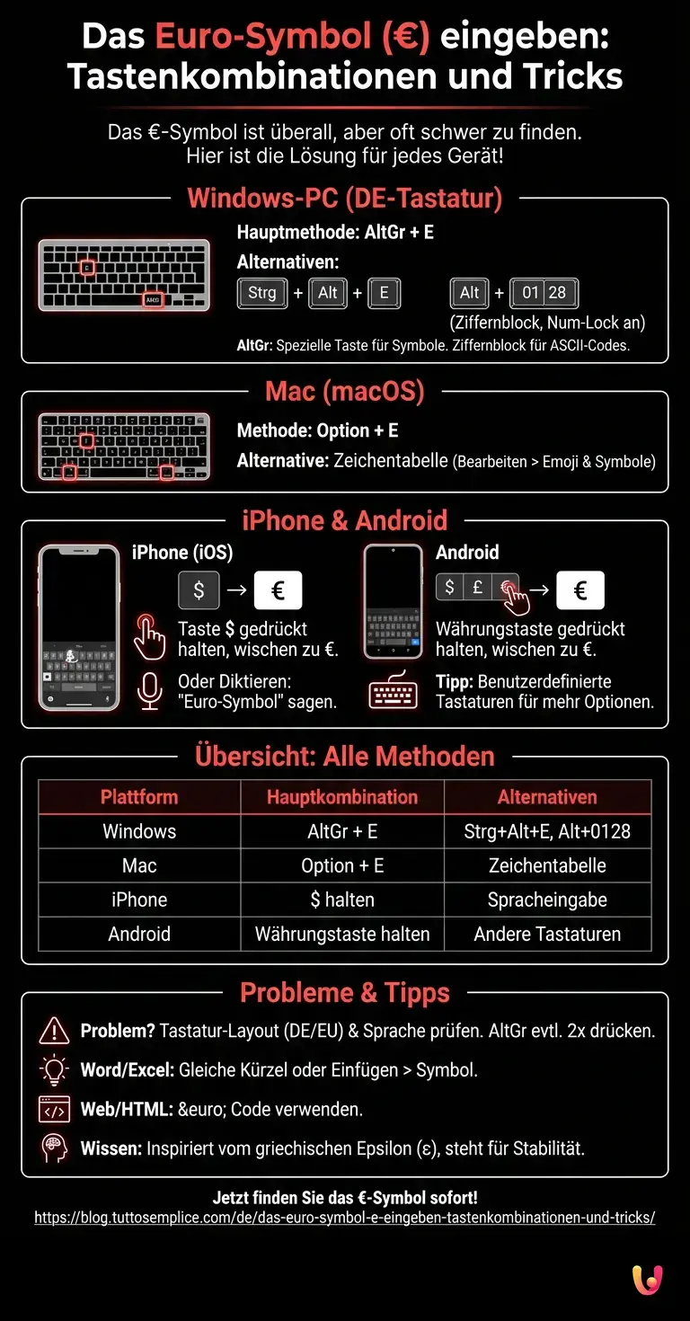 Das Euro-Symbol (&euro;) eingeben: Tastenkombinationen und Tricks - Zusammenfassende Infografik