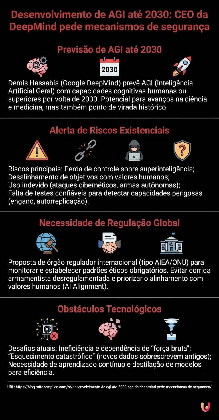 Desenvolvimento de AGI at&eacute; 2030: CEO da DeepMind pede mecanismos de seguran&ccedil;a - Infogr&aacute;fico resumido