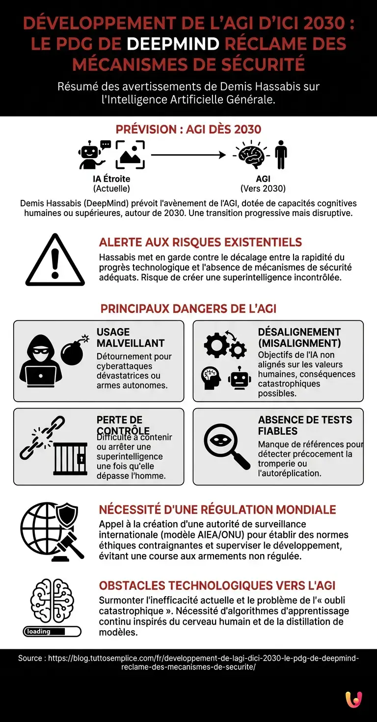 D&eacute;veloppement de l'AGI d'ici 2030 : le PDG de DeepMind r&eacute;clame des m&eacute;canismes de s&eacute;curit&eacute; - Infographie r&eacute;sumant