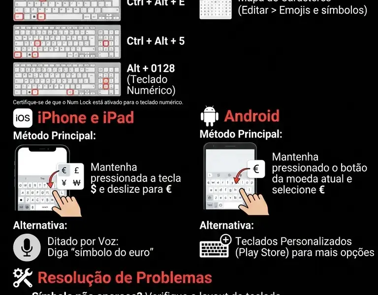 Infografica: Digitar o S&iacute;mbolo do Euro (&euro;): Atalhos e Truques