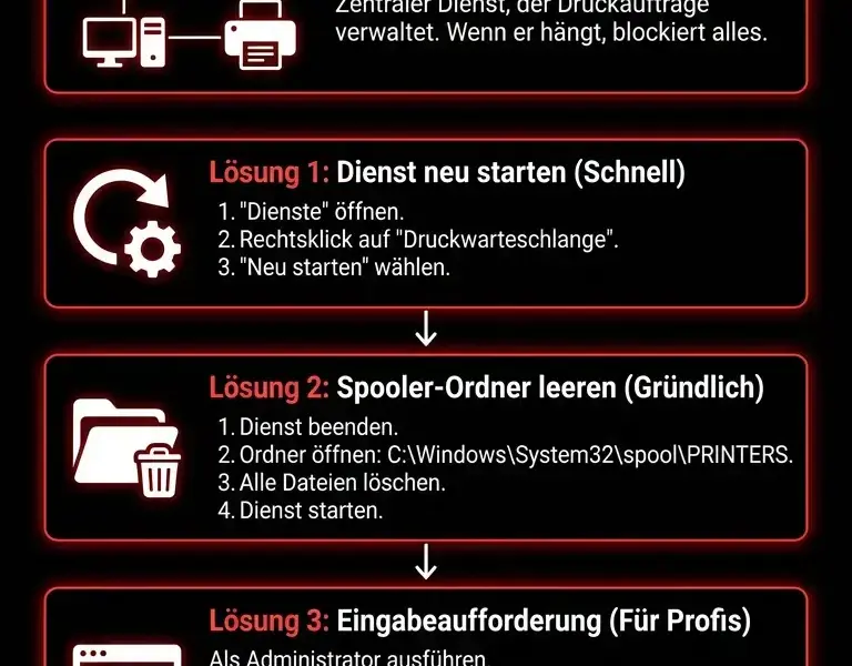 Infografica: Druckwarteschlange blockiert? Kurzanleitung zur Probleml&ouml;sung unter Windows
