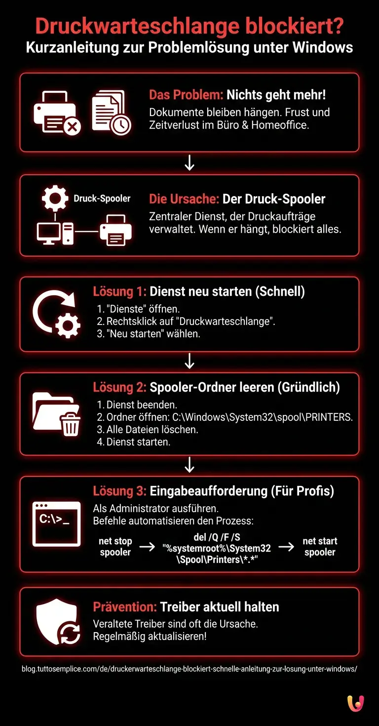 Druckwarteschlange blockiert? Kurzanleitung zur Probleml&ouml;sung unter Windows - Zusammenfassende Infografik
