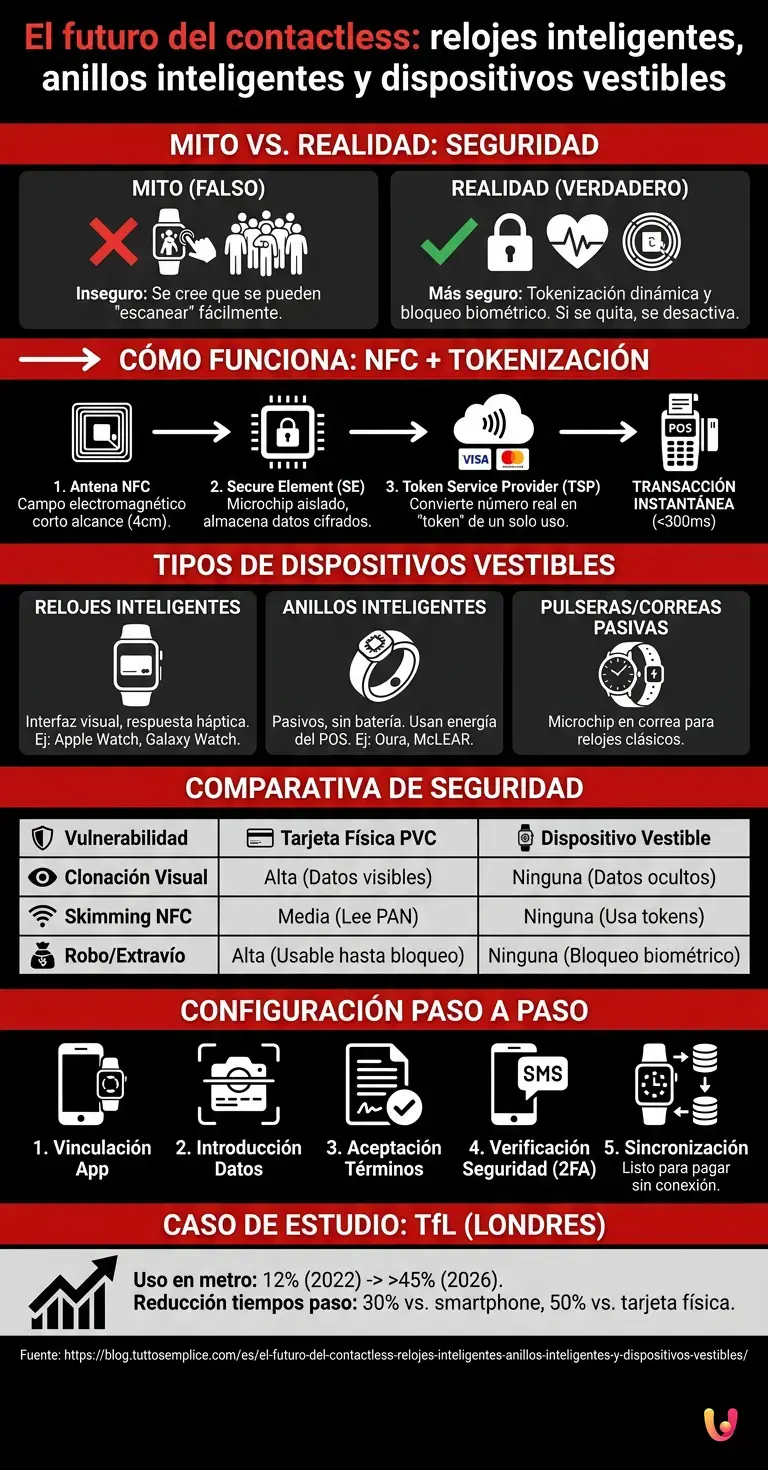 El futuro del contactless: relojes inteligentes, anillos inteligentes y dispositivos vestibles. - Infograf&iacute;a resumen