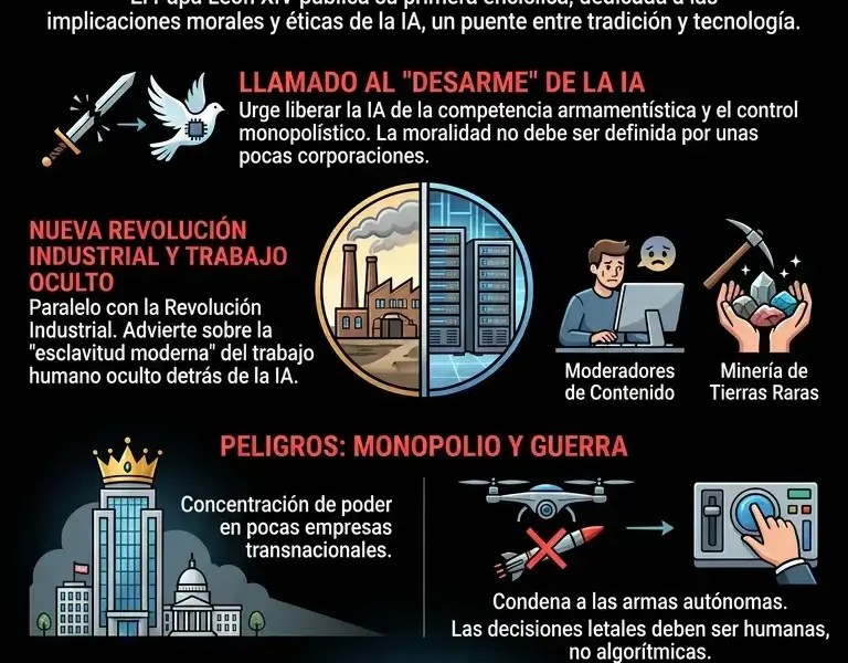 Infografica: Enc&iacute;clica del Vaticano aborda la &eacute;tica de la IA y la explotaci&oacute;n laboral.