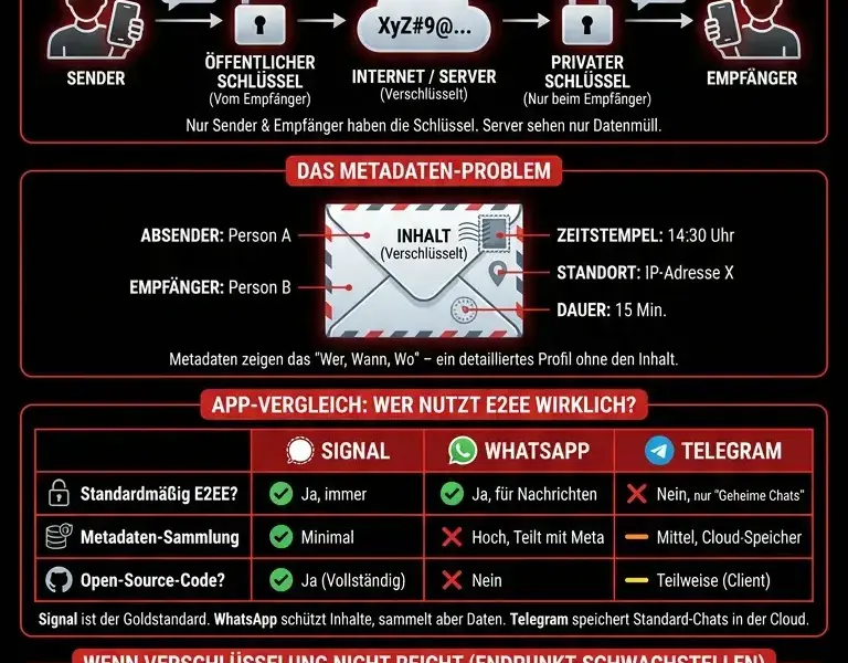 Infografica: End-to-End-Verschl&uuml;sselung: Was ist das, wie funktioniert sie und welche Apps nutzen sie wirklich?