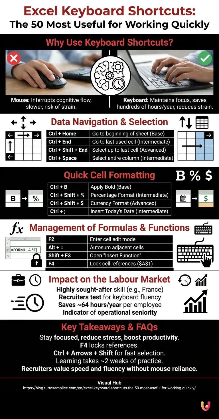 Excel keyboard shortcuts: the 50 most useful for working quickly - Summary Infographic