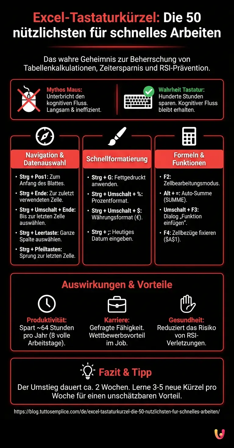 Excel-Tastaturk&uuml;rzel: Die 50 n&uuml;tzlichsten f&uuml;r schnelles Arbeiten - Zusammenfassende Infografik