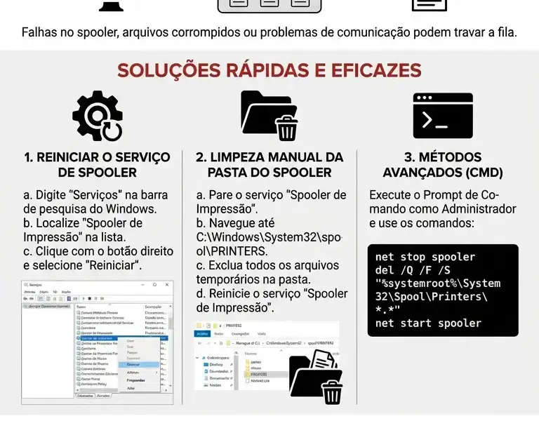 Infografica: Fila de impress&atilde;o travada? Guia r&aacute;pido para resolver no Windows