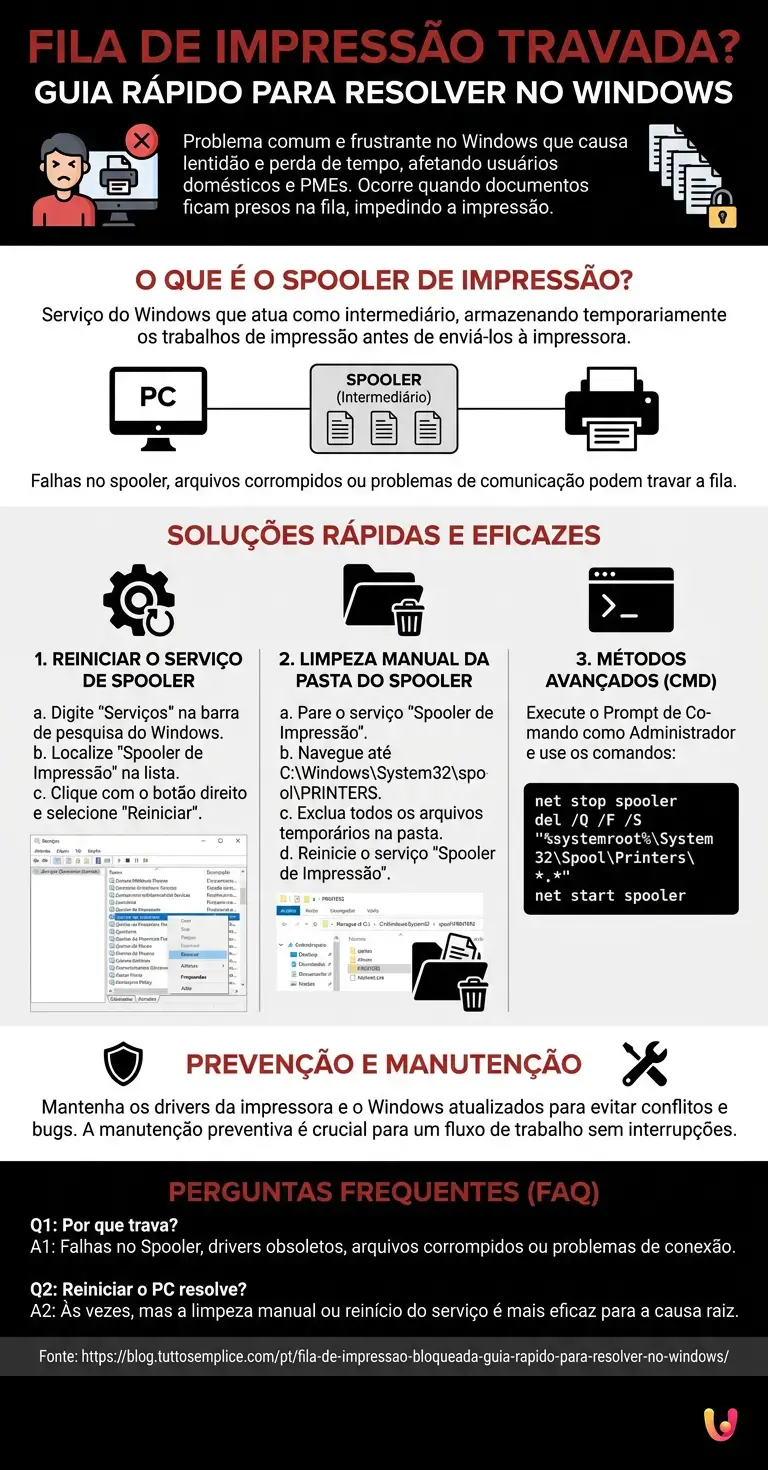 Fila de impress&atilde;o travada? Guia r&aacute;pido para resolver no Windows - Infogr&aacute;fico resumido