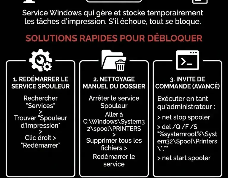 Infografica: File d'attente d'impression bloqu&eacute;e ? Guide rapide pour r&eacute;soudre le probl&egrave;me sous Windows