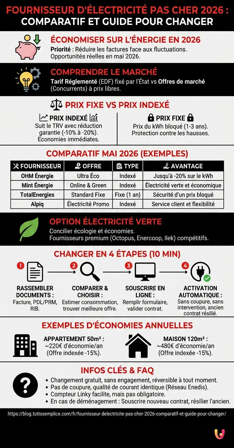 Fournisseur d'&eacute;lectricit&eacute; pas cher 2026 : comparatif et guide pour changer - Infographie r&eacute;sumant