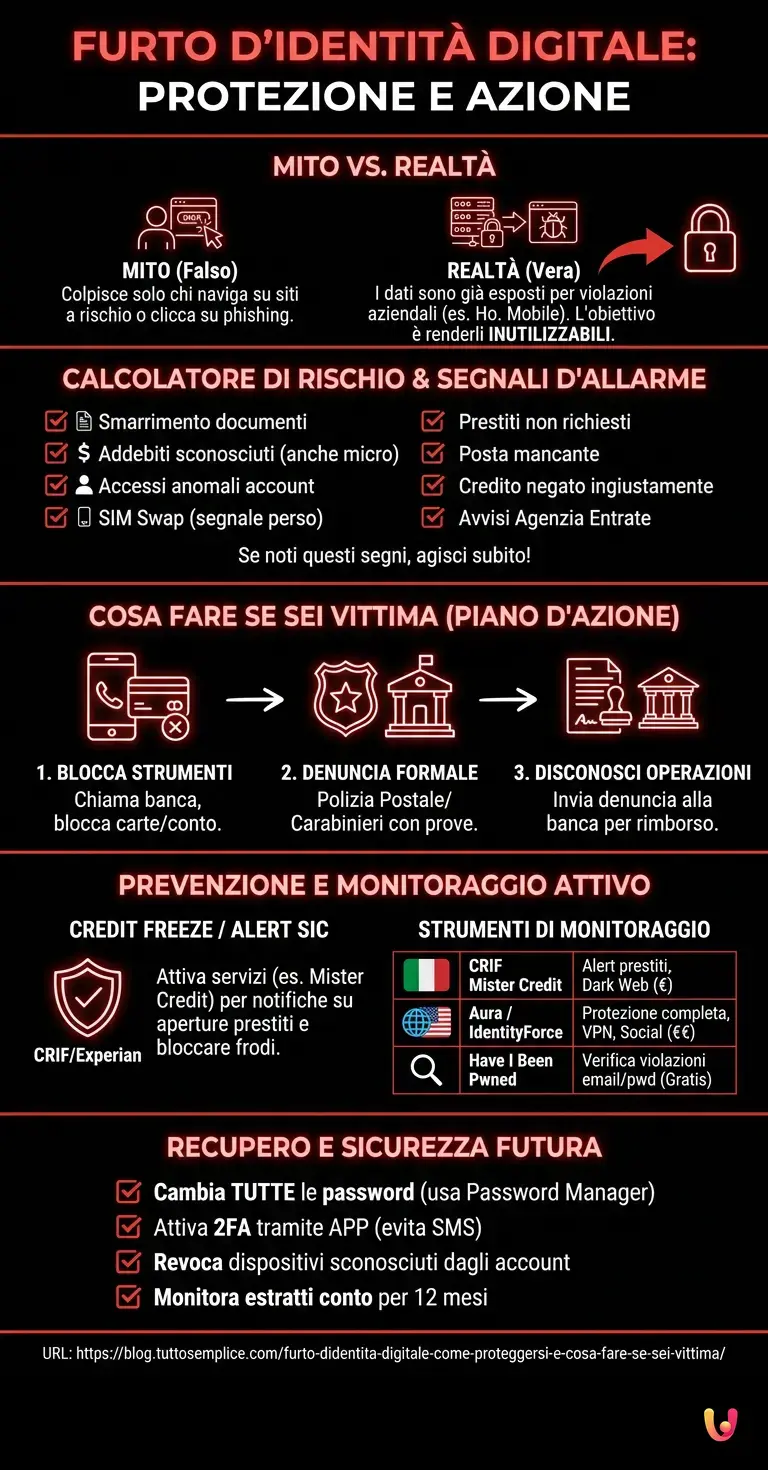Furto d'Identit&agrave; Digitale: Come Proteggersi e Cosa Fare se Sei Vittima - Infografica riassuntiva