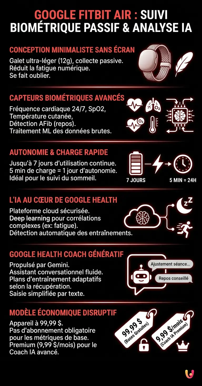 Google Fitbit Air : suivi biom&eacute;trique passif et analyse IA - Infographie r&eacute;sumant