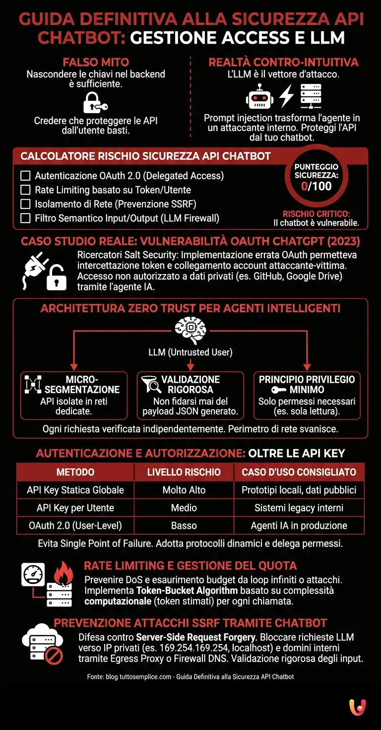 Guida Definitiva alla Sicurezza API Chatbot: Gestione Accessi e LLM - Infografica riassuntiva