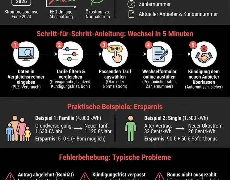 Infografica: G&uuml;nstige Stromanbieter 2026: Vergleich und Wechsel in 5 Minuten