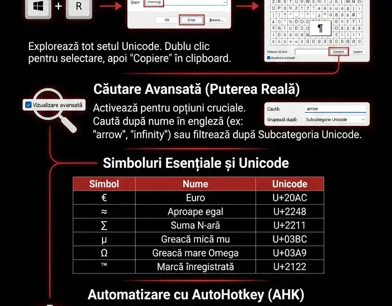 Infografica: Harta de caractere Windows: ghid complet pentru Charmap și automatizare