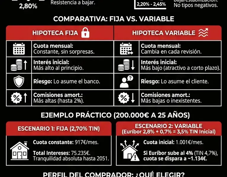 Infografica: Hipoteca fija o variable en 2026: Cu&aacute;l elegir con el Eur&iacute;bor actual