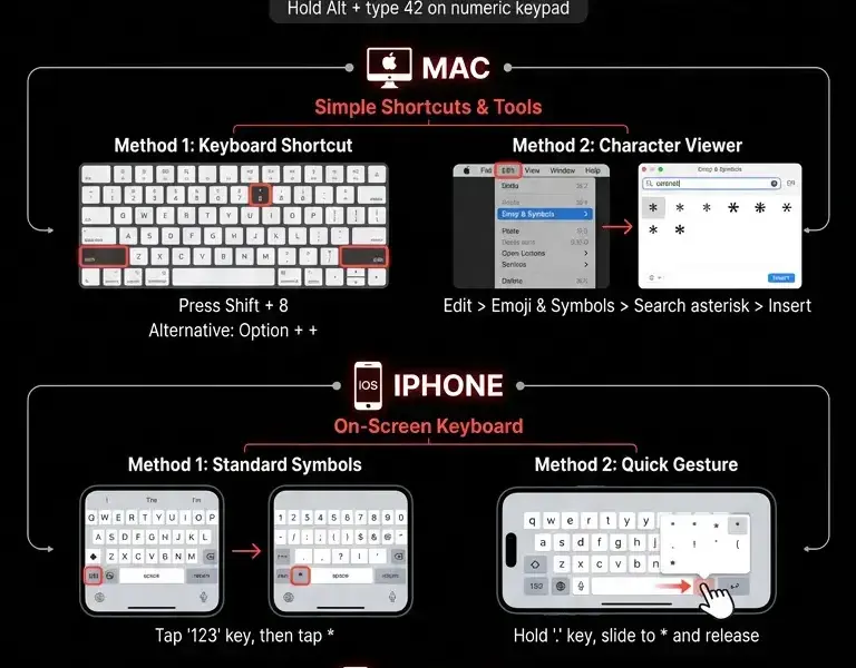 Infografica: How to Make an Asterisk on Your Keyboard: PC, Mac, and Smartphone