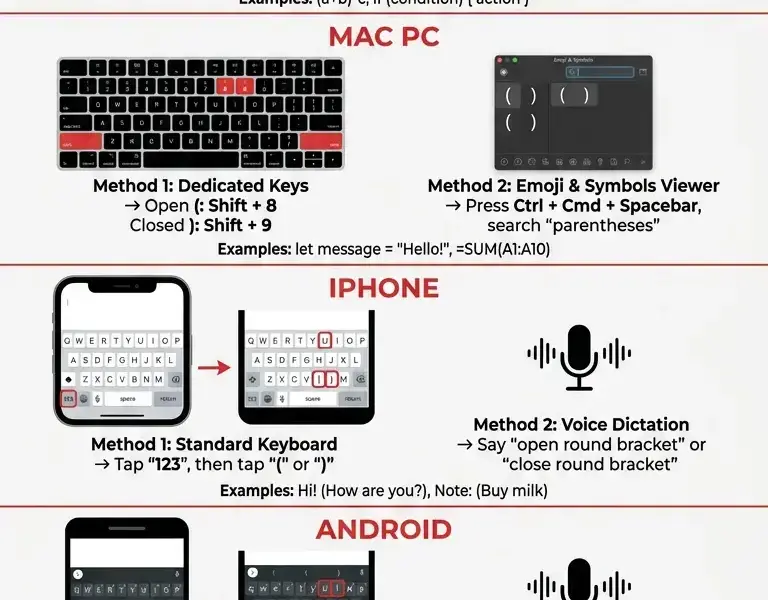 Infografica: How to make round brackets on PC, Mac, and Smartphone