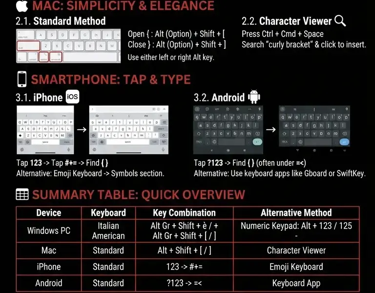 Infografica: How to make the curly bracket ({ }): PC, Mac, and Smartphone Guide