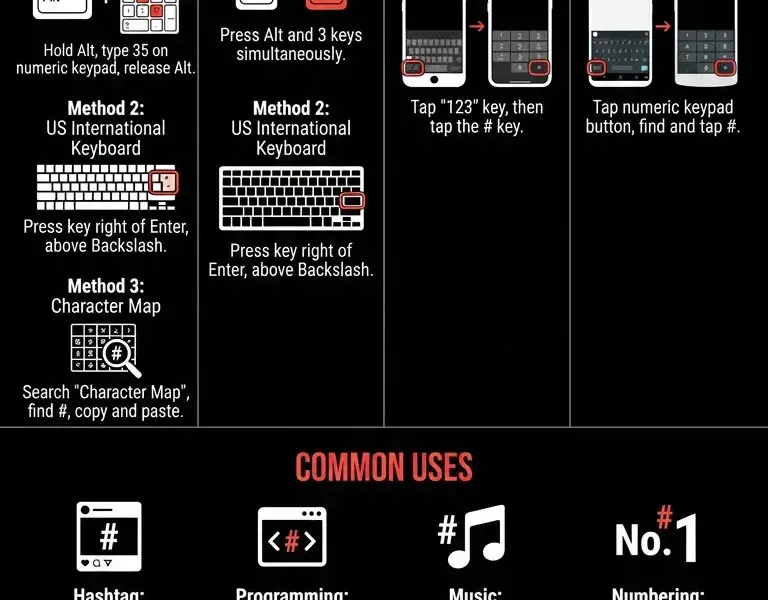 Infografica: How to make the hash symbol: PC, Mac, iPhone, and Android