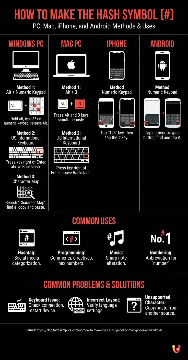 How to make the hash symbol: PC, Mac, iPhone, and Android - Summary Infographic