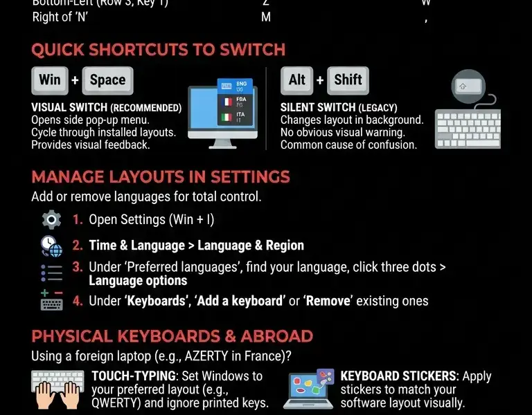 Infografica: How to switch from a QWERTY to an AZERTY keyboard (and vice versa) on Windows