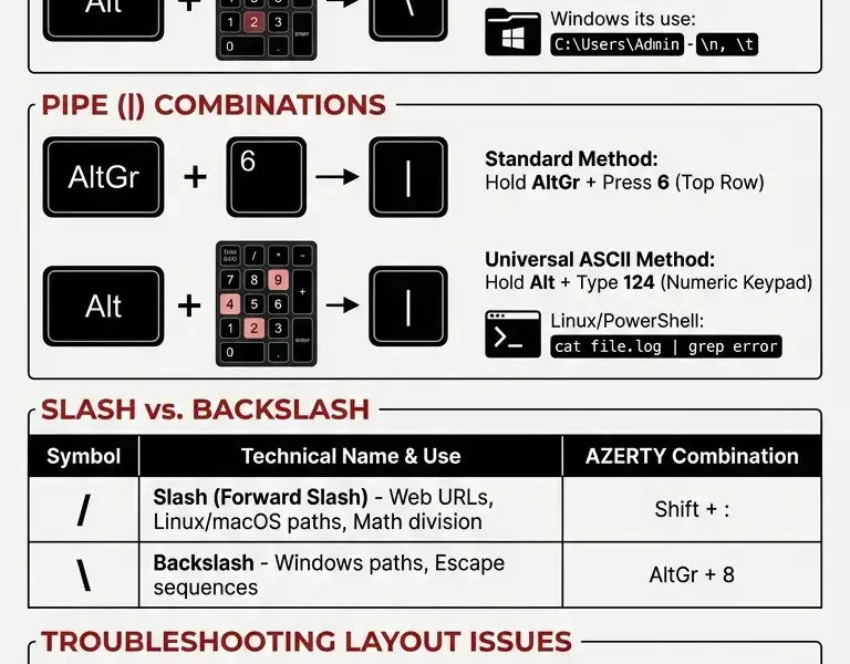 Infografica: How to type a backslash () and a pipe (|) on a French keyboard