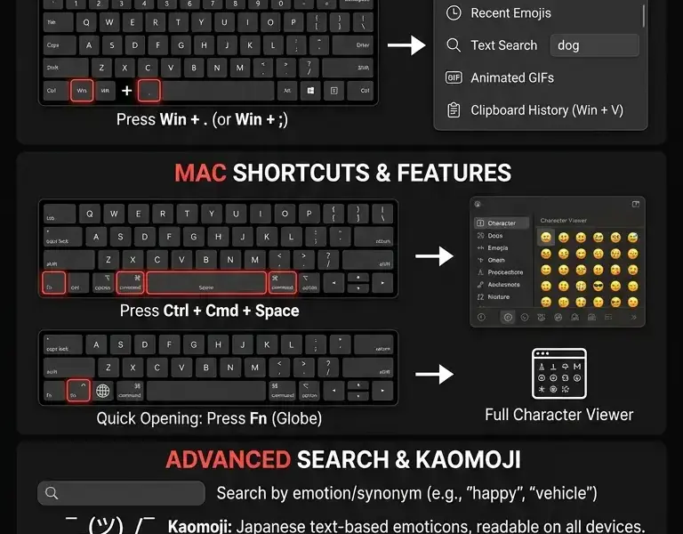 Infografica: How to type emojis from the keyboard on Windows and Mac