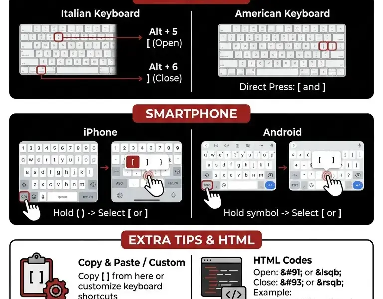 Infografica: How to Type Square Brackets [ ]: A Guide for PC, Mac, and Smartphone