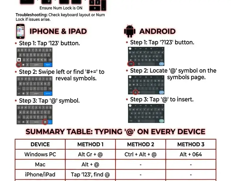 Infografica: How to type the at symbol (@) on PC, Mac, and smartphone
