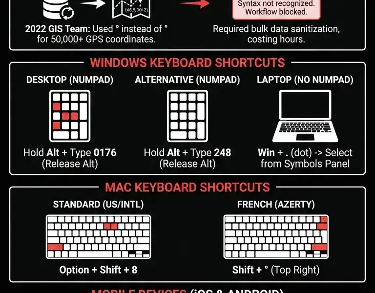 Infografica: How to type the degree symbol (&deg;) on the keyboard: a complete guide