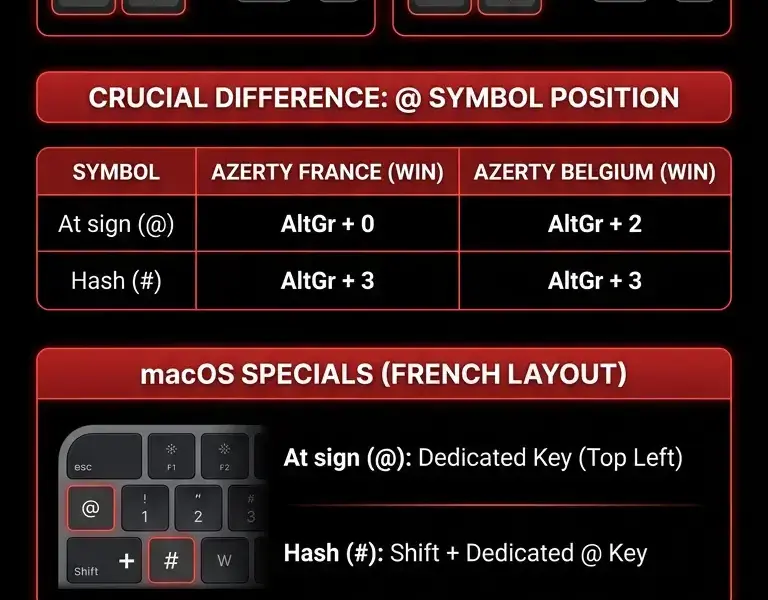 Infografica: How to type the hash (#) and the at sign (@): AZERTY keyboard guide
