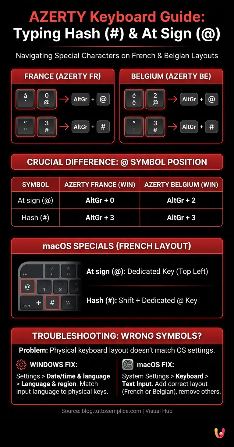 How to type the hash (#) and the at sign (@): AZERTY keyboard guide - Summary Infographic