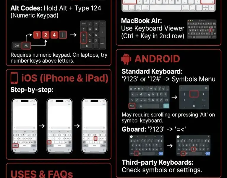 Infografica: How to type the vertical bar (|) on any device