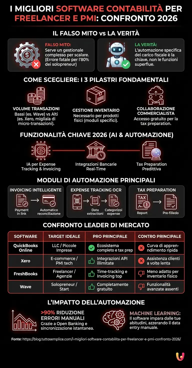 I Migliori Software Contabilit&agrave; per Freelancer e PMI: Confronto 2026 - Infografica riassuntiva