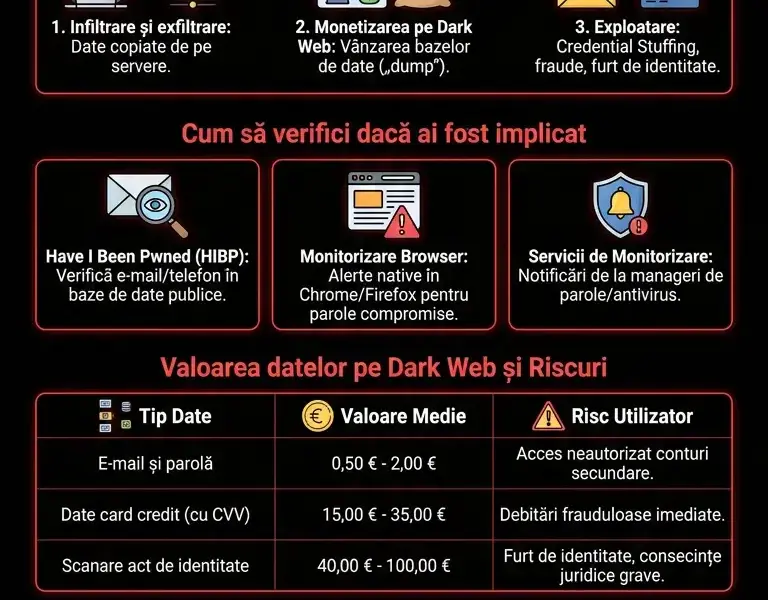 Infografica: &Icirc;ncălcarea datelor: Ce se &icirc;nt&acirc;mplă cu datele tale și cum să verifici dacă ai fost afectat
