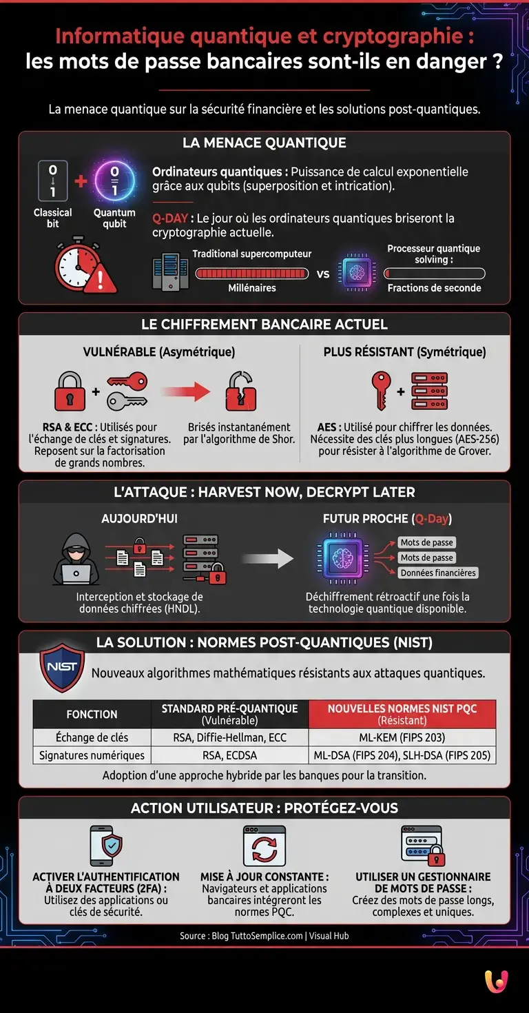 Informatique quantique et cryptographie : les mots de passe bancaires sont-ils en danger ? - Infographie r&eacute;sumant