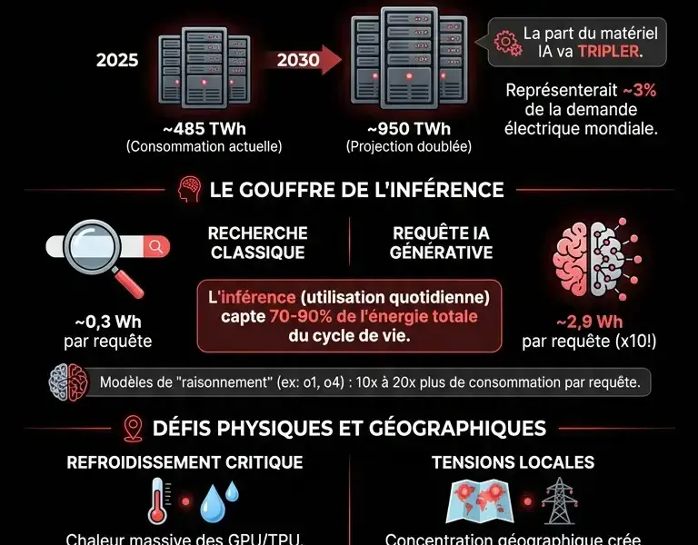 Infografica: Infrastructures IA : doublement projet&eacute; de la demande &eacute;lectrique
